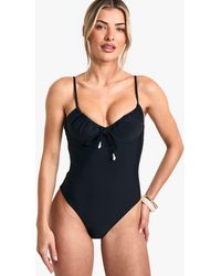 Boohoo - Shell Trim Ruched Cup Tie Front Underwired Bathing Suit - Lyst