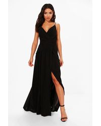Boohoo - Slinky Wrap Ruched Strappy Maxi Bridesmaid Dress - Lyst