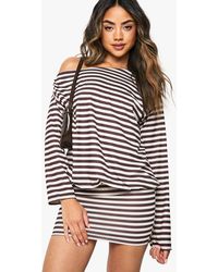 Boohoo - Stripe Off The Shoulder Long Sleeve Bodycon Mini Dress - Lyst