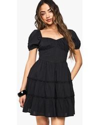 Boohoo - Vestido Mini Holgado Escalonado De Algodón Con Mangas Abullonadas - Lyst