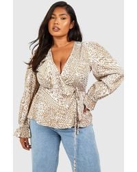 Boohoo - Plus Leopard Ruffle Wrap Top - Lyst
