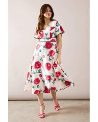 Wallis - Floral Structured Satin Fit & Flare Midi Dress - Lyst
