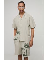 Boohoo - Oversized Palm Tree Print Linen Look Shirt & Short Set - Lyst