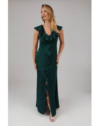Oasis - Satin Jacquard Ruffle V Neck Bridesmaid Dress - Lyst