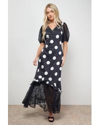 Oasis - Polkadot Lace Frill Detail Puff Sleeve Midi Dress - Lyst