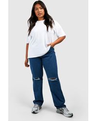 Boohoo - Plus Basics High Waisted Straight Leg Ripped Knee Jeans - Lyst