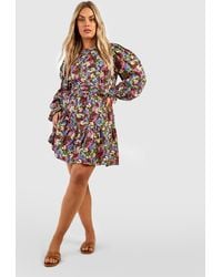 Boohoo - Plus Woven Puff Sleeve Floral Skater Dress - Lyst