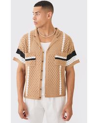 BoohooMAN - Oversized Boxy Open Stitch Revere Stripe Shirt In Stone - Lyst