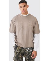 BoohooMAN - Oversized Boxy Faux Layer Acid Wash Embroidered T-shirt - Lyst