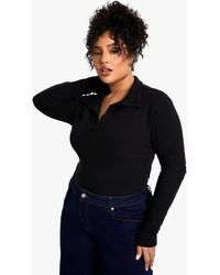 Boohoo - Plus Soft Rib Collared Long Sleeve Top - Lyst