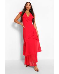 ruffle plunge split leg maxi dress