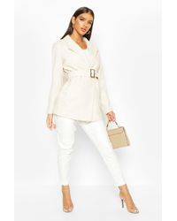 Boohoo Womens Blazermantel in Wolloptik mit Gürtel - Weiß