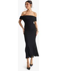 Boohoo - Bardot Lace Pleated Midaxi Dress - Lyst