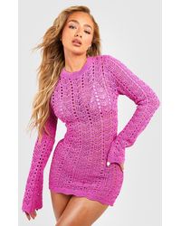 Boohoo - Crochet Knitted Open Back Beach Mini Dress - Lyst