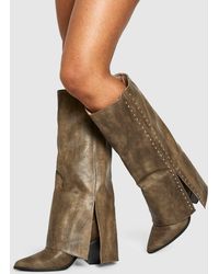 Boohoo - Studded Detail Fold Over Distressed Western Boot - Lyst