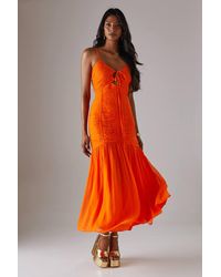 Warehouse - Chiffon Gathered Channel Strappy Midi Dress - Lyst