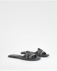 Boohoo - Studded Woven Leather Mule Sandals - Lyst
