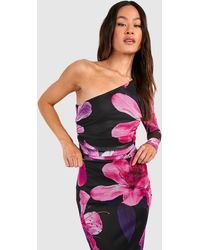 Boohoo - Tall Floral Print Mesh One Shoulder One Piece - Lyst