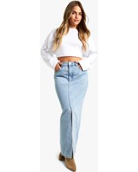 Boohoo - Petite Light Wash Split Front Denim Midaxi Skirt - Lyst