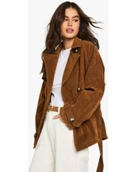 Boohoo - Suede Look Short Belted Trench Coat - Lyst