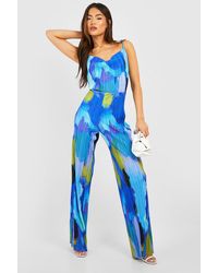 Boohoo - Abstract Plisse Cowl Neck Jumpsuit - Lyst