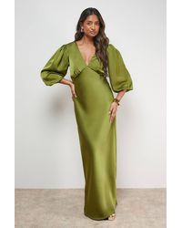 Oasis - Satin V Neck Balloon Sleeve Bias Midi Dress - Lyst