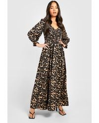 Boohoo - Petite Leopard Shirred Detail Maxi Dress - Lyst