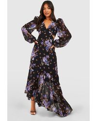 Boohoo - Petite Floral Cut Out Open Back Ruffle Maxi Dress - Lyst