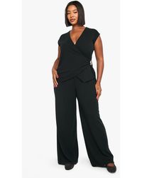Boohoo - Plus Cap Sleeve Trim Detail Wrap Top And Wide Leg Trouser - Lyst