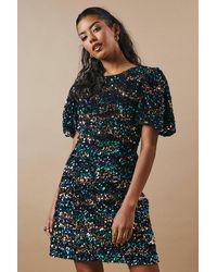 Oasis - Petite Occasion Puff Sleeve Sequin Mini Dress - Lyst