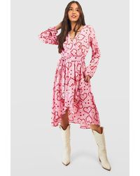 Boohoo - Printed Long Sleeve Wrap Midi Dress - Lyst