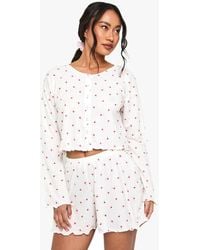 Boohoo - Floral Print Soft Rib Button Detail Long Sleeve Top & Shorts Pyjama Set - Lyst