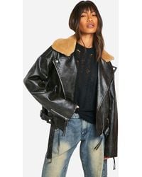 Boohoo - Chaqueta Motera De Cuero Sintético Efecto Vintage Con Cuello De Borreguito - Lyst