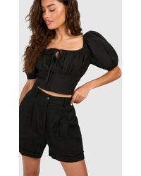 Boohoo - Linen Ruched Milkmaid Top - Lyst