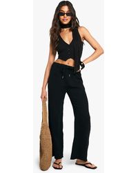 Boohoo - Cheesecloth Tie Waist Straight Leg Trousers - Lyst