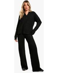 Boohoo - Soft Cable Knit Polo Collar Jumper And Wide Leg Trouser Co-Ord - Lyst