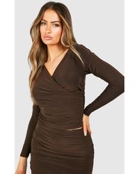 Boohoo - V Neck Ruched Slinky Long Sleeve Top - Lyst