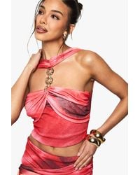 Boohoo - Printed Textured Mesh Halterneck Trim Detail Top - Lyst