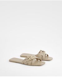 Boohoo - Square Toe Double Buckle Mule Sandals - Lyst