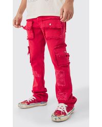 Boohoo - Slim Rigid Flare Distressed Pocket Jeans In Red - Lyst