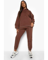 Boohoo Contrast Stitch Hooded Oversized Tracksuit - Brown