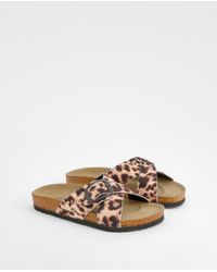 Boohoo - Leopard Print Cross Strap Footbed Sandals - Lyst