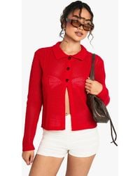 Boohoo - Crochet Knitted Button Through Collared Cardigan - Lyst