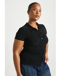 Boohoo - Plus Collared Ruched Button Down Short Sleeve Top - Lyst