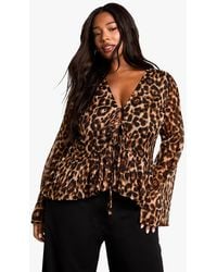 Boohoo - Plus Leopard Tie Front Ruffle Blouse - Lyst