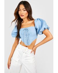 Boohoo - Lace Up Puff Sleeve Chambray Corset - Lyst