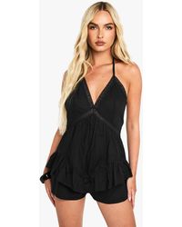 Boohoo - Cotton Halterneck Ruffle Lace Trim Romper - Lyst