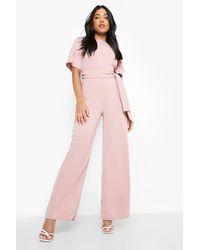Boohoo Petite Wide Leg Belted Tailored Jumpsuit - Pink