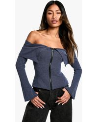 Boohoo - Two Tone Rib Bardot Zip Through Long Sleeve Top - Lyst