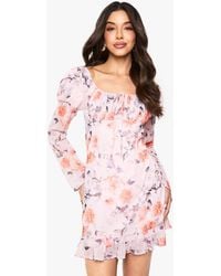 Boohoo - Floral Crinkle Chiffon Long Sleeve Mini Dress - Lyst